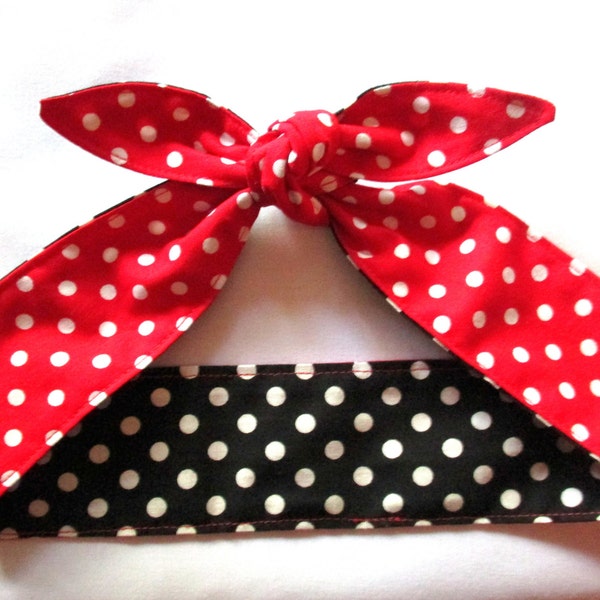 Rockabilly Headband Head Scarf red black white polka dot bow wrap 50s