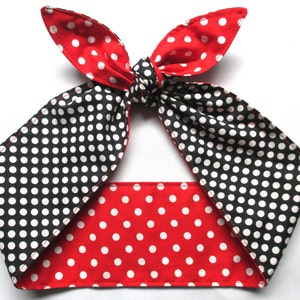REVERSIBLE White Red Black Polka dots Rockabilly Head Scarf Retro Dolly Bow Rosie the Riveter