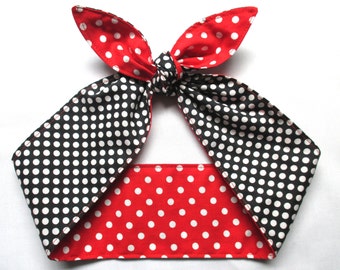 REVERSIBLE White Red Black Polka dots Rockabilly Head Scarf Retro Dolly Bow Rosie the Riveter