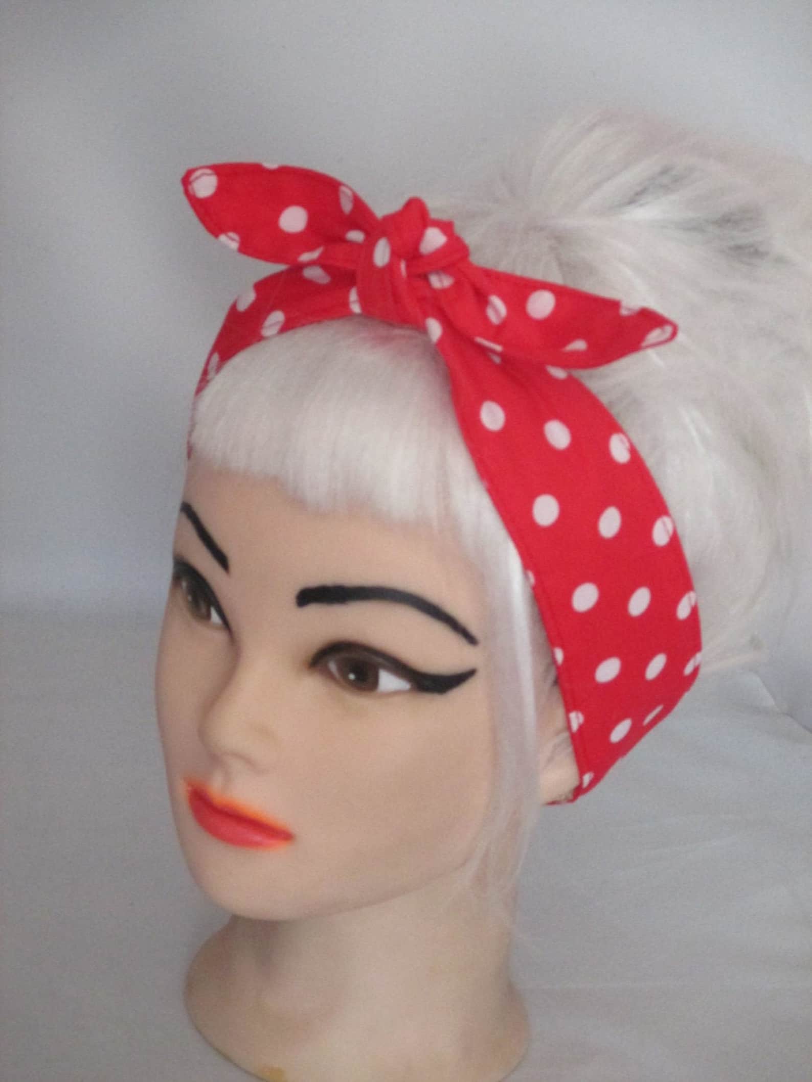 Red White Polka Dots Rockabilly Headband Head Scarf Hair Wrap White Red ...