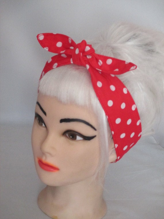 White Polka dot Pinup Dolly Bow headband Rockabilly dots Hair Fashion Retro Rosie Wrap Head Band Vintage Inspired Red