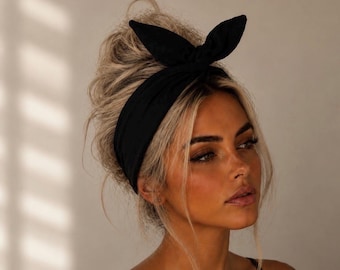 Wired twist Headband Solid black  Rockabilly Head scarf Wrap Tie retro dolly bow with wire