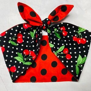 REVERSIBLE Headband Head Scarf CHERRIES Red White Polka Dots Retro Rockabilly Head Wrap Scarf Bandana