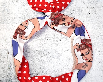 Rosie the nitownica Wire Headband chusta na głowę biały czerwony polka grochy Rockabilly twist Retro krawat