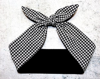 Rockabilly Head Scarf Headband Black White GINGHAM Pinup Vintage Retro Style 50s Head Wrap Tie