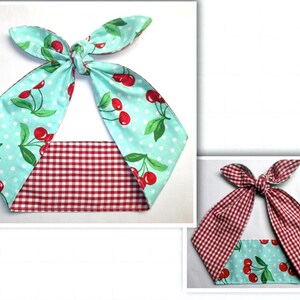 Gingham Head Wrap Scarf Rockabilly hair tie Cherries Cherry teal GREEN  red and white squares  reversible black cherry cherries print
