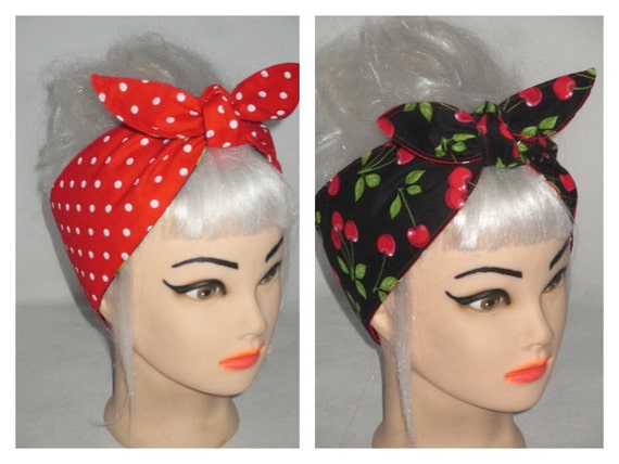 REVERSIBLE Headband Head Scarf CHERRIES bow Red Polka Dots Retro Rockabilly  Wrap Bandanar