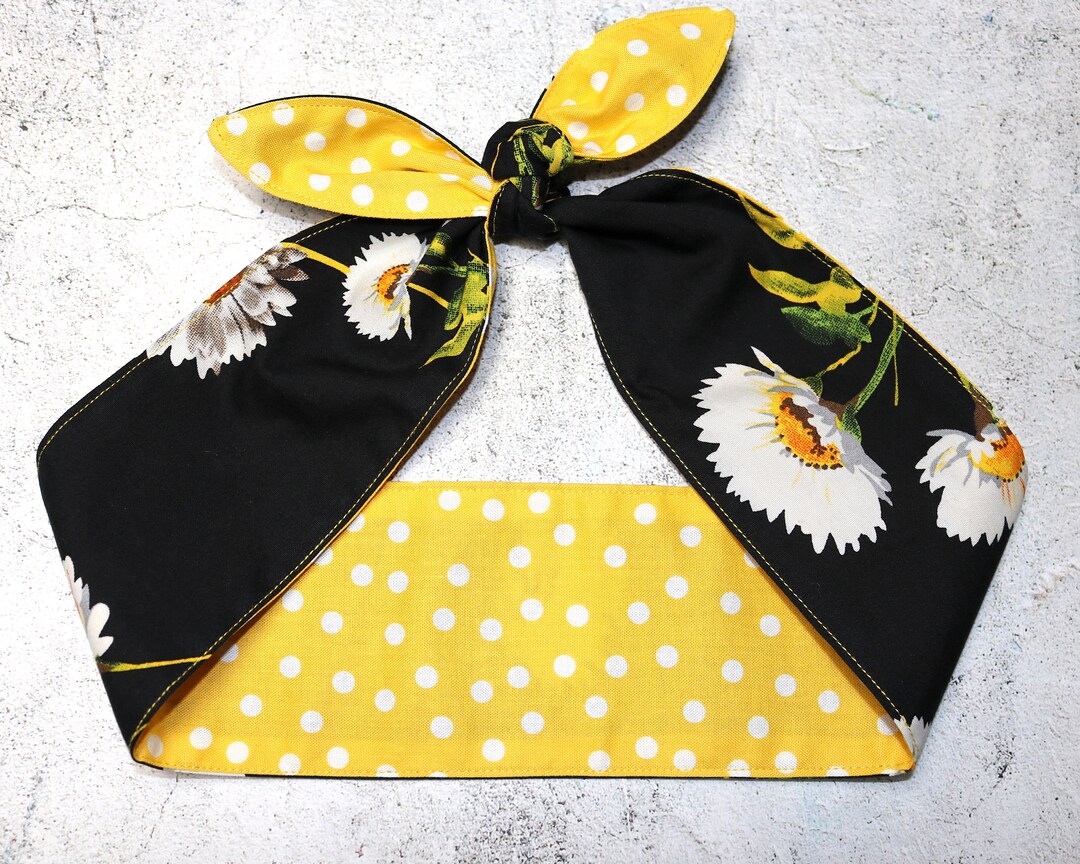 Headband BLACK Yellow Polka Dots Daisy Head Scarf Rockabilly Wrap ...