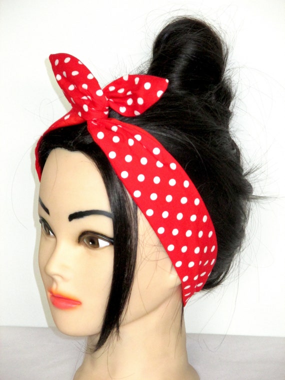 HEAD SCARF HAIR BAND NAVY BLUE RED POLKA DOT SPOTS BUNNY TIE BOW ROCKABILLY
