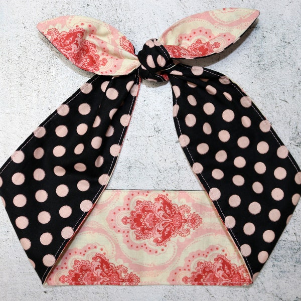 Rockabilly Head Scarf Headband polka dots pink dots bow Vintage inspired