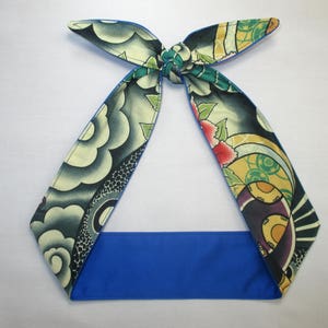 Head Scarf Reversible Blue Rockabilly Pin-up Tattoo Knotted Head scarf Wrap Tie top knot headband