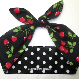 REVERSIBLE Rockabilly knotted Headband CHERRIES head scarf black white polka dots  Pinup Retro Banadana