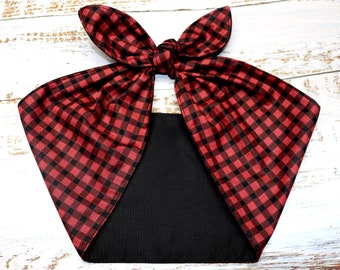 Black and red WIDE gingham squares Rockabilly Head Scarf Wrap 50s wrap pin up