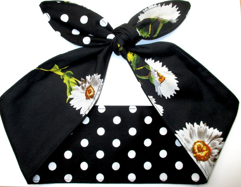 Headband BLACK WHITE Polka Dots Floral Flowers Daisy Head Scarf ...