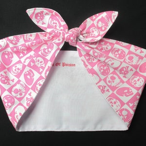 Rockabilly Head Scarf Wrap PINK white skulls Bandana EXTRA WIDE squares checkered
