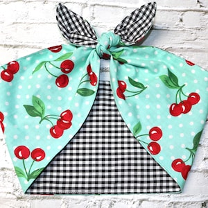 Gingham Head scarf Headband CHERRIES Cherry Mint Green Rockabilly