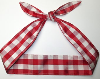 SEIDE Rockabilly Kopftuch Skinny Stirnband Rot Weiß GINGHAM Pinup Vintage Retro Style 50er Jahre Kopf Wickelkrawatte