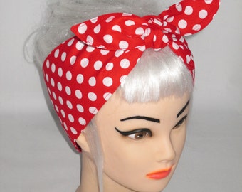 White and Red Polka dots Rockabilly Head Scarf Hair Wrap headband