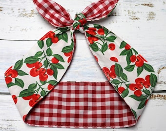 Vintage inspired Cherry gingham Headband Head scarf hair wrap bow Bandana tie reversible red