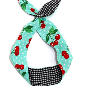 Wired Headband cherry cherries Rockabilly Head scarf Wrap Tie gingham dolly bow with wire