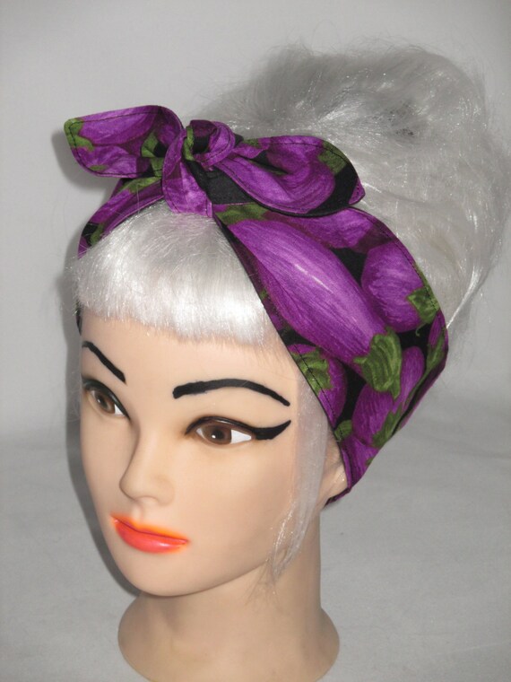 Purple Hair Wrap Bow Head Scarf Eggplant Veggies Rockabilly 