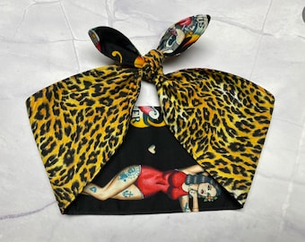 Breites Kopftuch TATTOO Leopard Gepard Rockabilly Wrap Stirnband Schleife