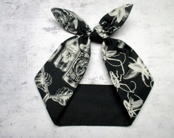 Headband tie Black Magic Moth Skull Spider Goth Rockabilly Head Wrap bow Scarf occult