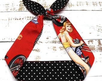 RED black polka dot Headband hair wrap Rockabilly Head Scarf Wrap Bandana