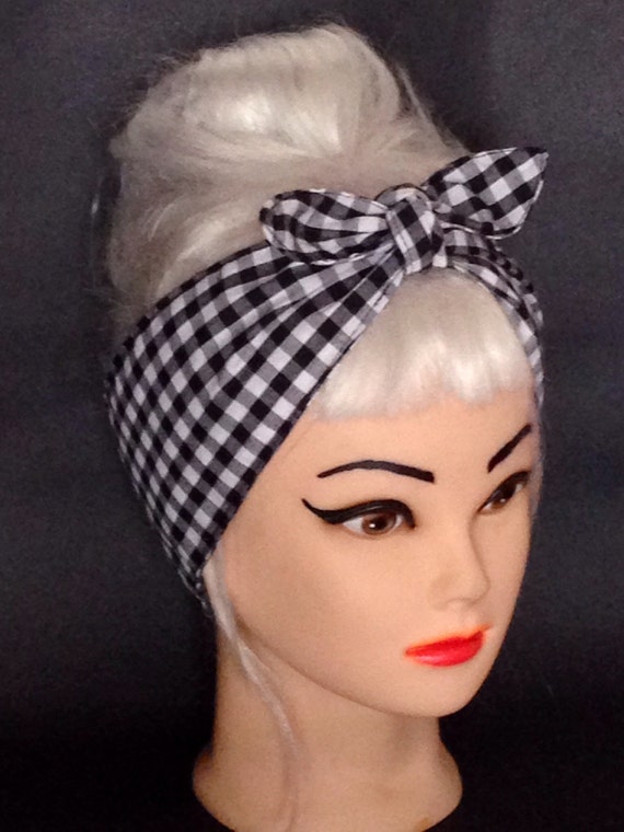 Rockabilly vintage Head Scarf Headband Black White GINGHAM Wrap Tie
