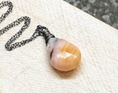 Peruvian pink opal pendant with 14 inch oxidized sterling silver chain