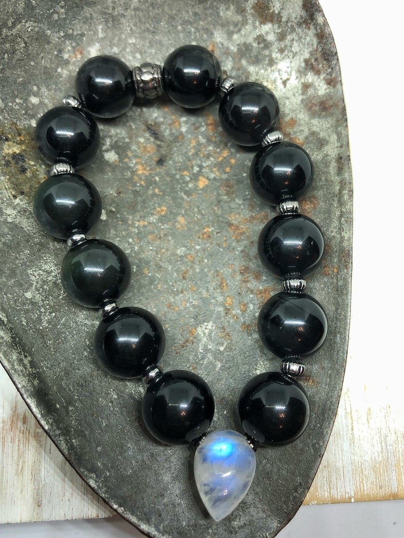 gemstone elastic bracelet Obsidian and moonstone healing stretch bracelet