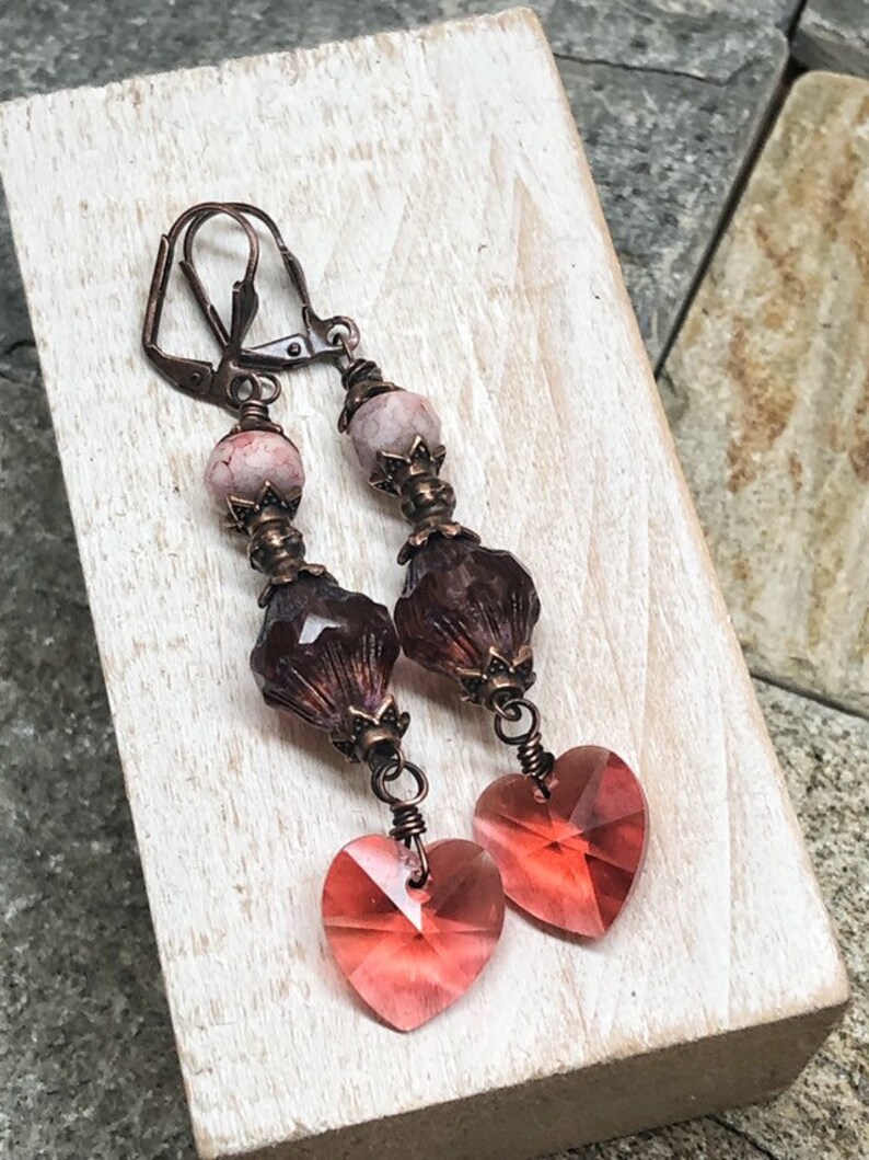 antiqued copper bohemian jewelry punk and brown copper dangle earrings heart earrings Long pink boho earrings