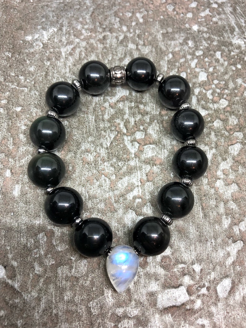 gemstone elastic bracelet Obsidian and moonstone healing stretch bracelet