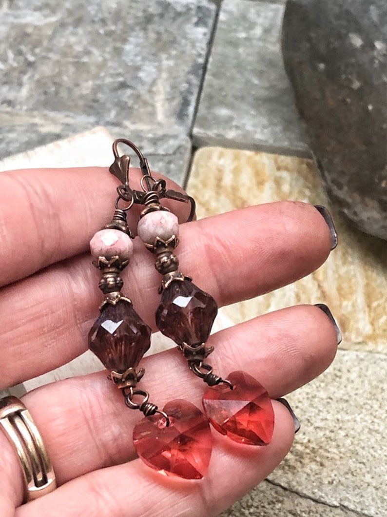 antiqued copper bohemian jewelry punk and brown copper dangle earrings heart earrings Long pink boho earrings
