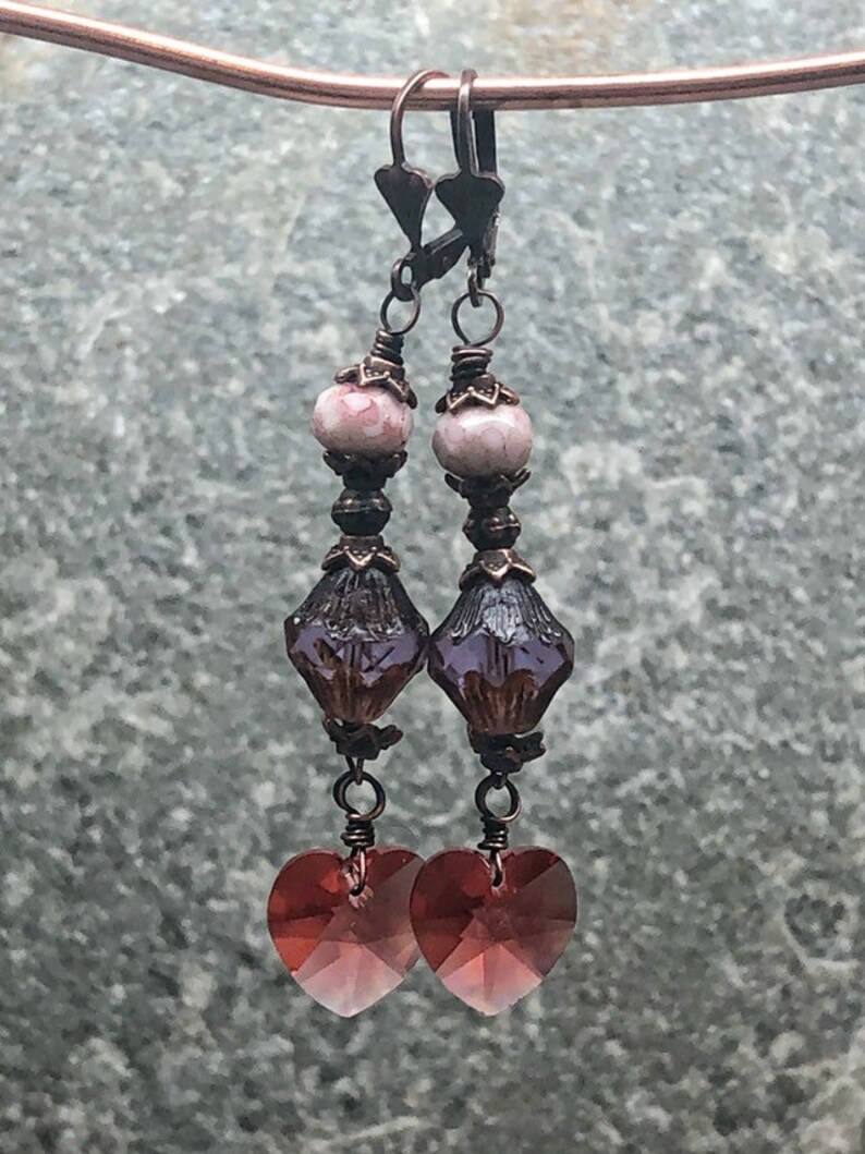 antiqued copper bohemian jewelry punk and brown copper dangle earrings heart earrings Long pink boho earrings