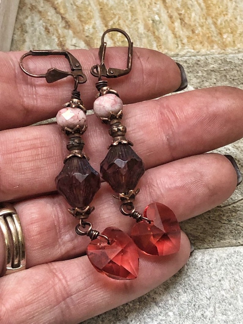antiqued copper bohemian jewelry punk and brown copper dangle earrings heart earrings Long pink boho earrings
