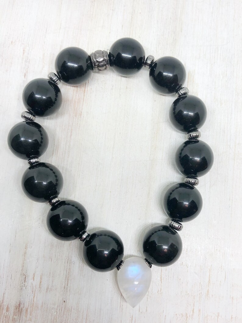 gemstone elastic bracelet Obsidian and moonstone healing stretch bracelet