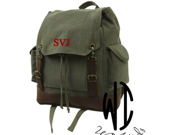 Personalized, Heavy Weight, Washed Cotton, canvas backpack, rucksack military style, Leather accents, overnight bag, school bag, 2 colors