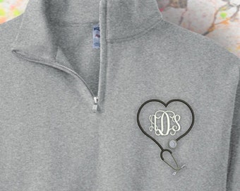 Medical, Monogrammed pullover with quarter zip, Monogram Sweatshirt, personalized preppy sweater, small to Plus sizes, gift under 30