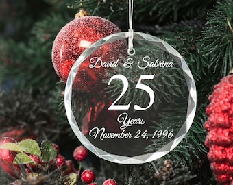 Engraved Crystal 25 year anniversary ornament, Personalized Crystal Holiday Ornament, Christmas Tree Decoration, Anniversary Gift ANV001