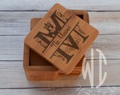 Personalized Coasters, Custom Coasters, Engraved Coasters, Bamboo Square set of 6 wood coasters, Initial with Family Name
