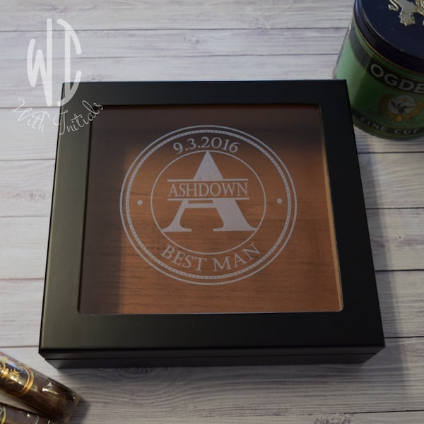 Initial and name on glass top  Cigar Humidor, Personalized Humidor, Personalized Engraved Humidor, Custom Humidor, Glass  & wood Humidor