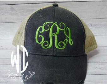 Personalized, Monogrammed,  Trucker Hat, distressed Cap, Mesh Back panel,  gift for her, summer cap,  Bridal party gift, bridesmaid gift
