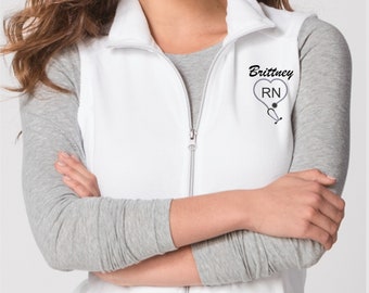 Grey or Black, personalized, fleece vest, full zipper front,  2 pocket vest, Nurse/Doctor Heart Stethoscope,  gift for her