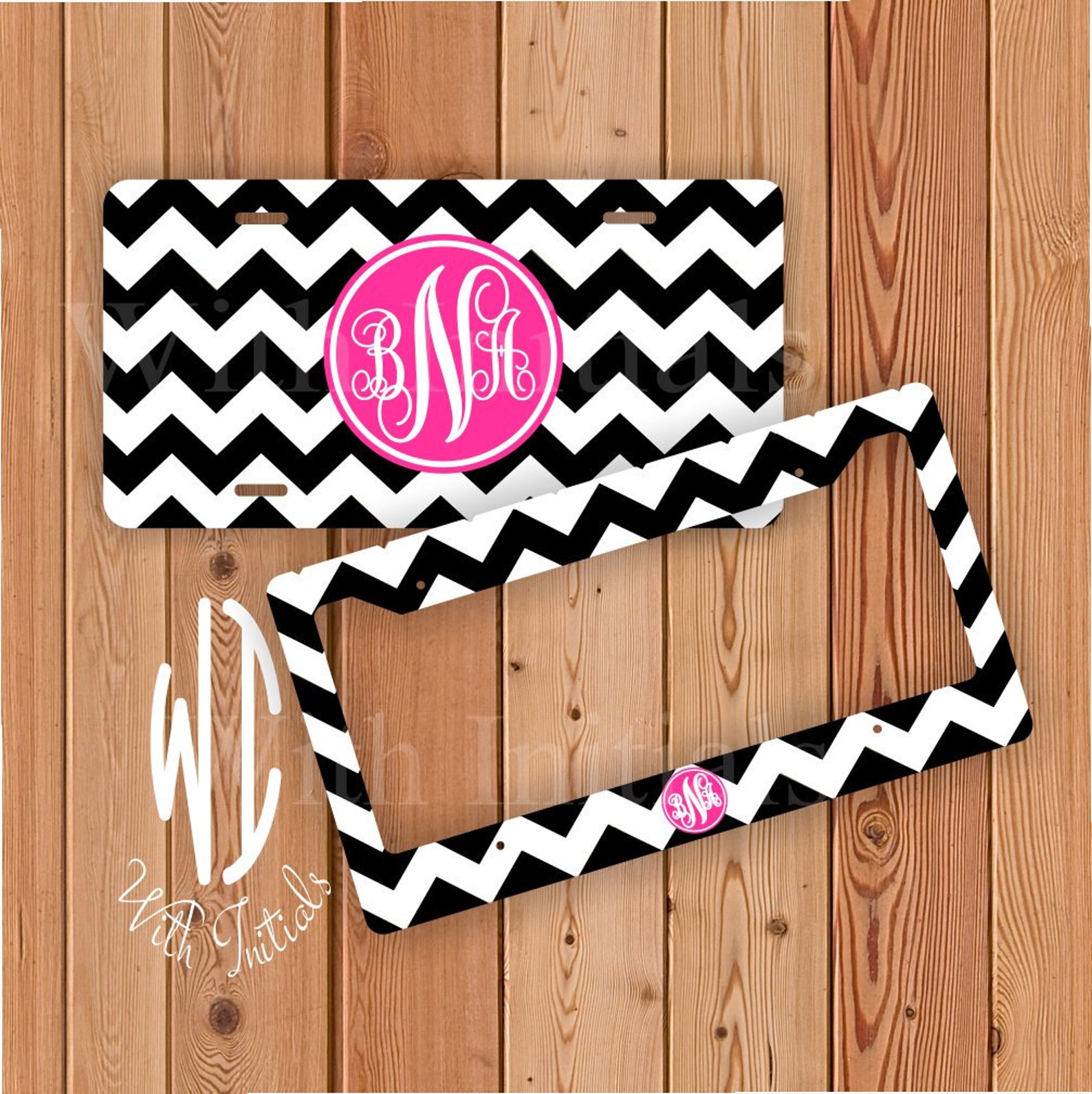 Chevron Black and White License Plate or Frame Monogrammed Etsy