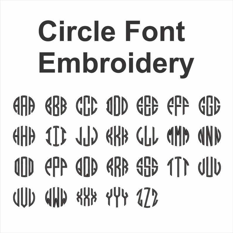 May include: A chart of uppercase letters in a circle font style. The letters are arranged in alphabetical order. The letters are black and the background is white.