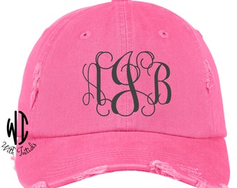 Monogrammed, Distressed, Hat, Monogram, Cap, unstructured, cotton twill low profile, buckle back, ball cap, summer cap, beach hat, dad cap