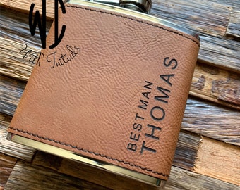 Personalized Flask, Flask Set, Groomsmen gift,  Engraved Flask, custom flask, Hip Flask, faux leather,  proposal gift, wedding party gift