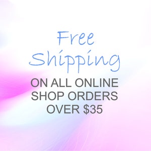 May include: Free shipping on all online shop orders over $35. The text is on a pink and blue background with a wavy pattern.