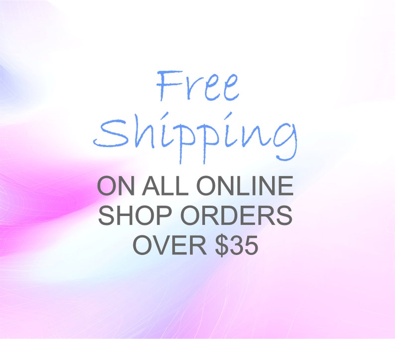 May include: Free shipping on all online shop orders over $35. The text is on a pink and blue background with a wavy pattern.